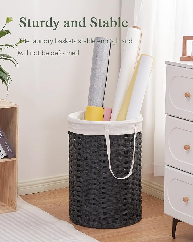 SETVSON Laundry Hamper Laundry Basket Round 19.0 Gal (72 L) Handwoven Rattan Hamper, Large Wicker Laundry Hamper with Removable Laundry Bag Handles 2 Mesh Bags for Bathroom Living Room Black (No Lid)