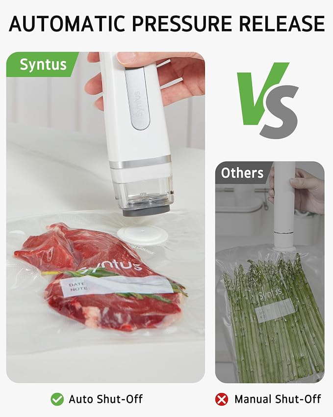 Syntus Compact Vacuum Sealer for Food with 30 Reusable Vacuum Seal Bags Set | 60kPa Suction Power, USB-C Charging Cable, Liquid-lock Tank, Upgraded Air Valve, Handheld Vacuum Pump