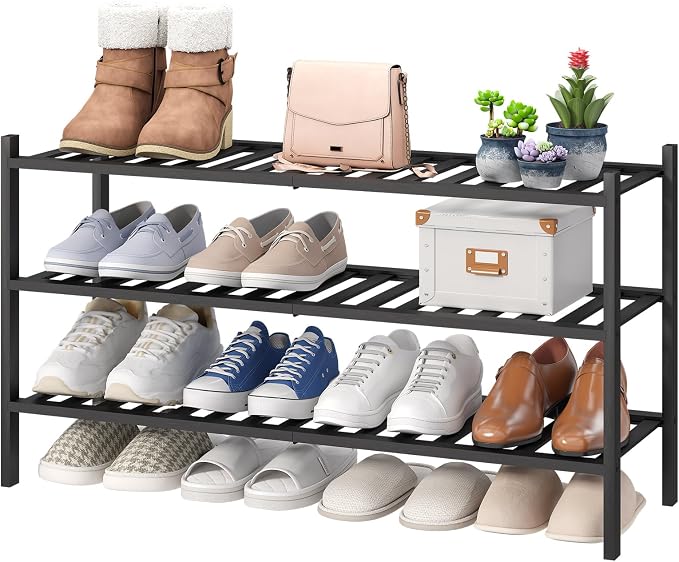 viewcare 3-Tier Long Black Shoe Rack, Bamboo Wood Shoe Rack for Closet, Entryway & Hallway, Stackable | Functional | Sturdy