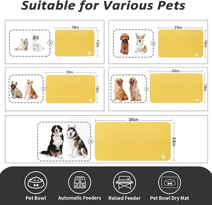 HotLive Dog Food Mat - Absorbent Cat Mat for Food and Water, No Stains Pet Feeding Bowl Mat, Easy to Clean Pet Placemats, Quick Dry Dog Water Dispenser Mat for Messy Drinkers | Paw Yellow 18"x34"