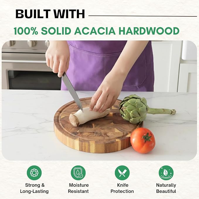 Round End Grain Acacia Wood Cutting Boards for Kitchen, 1.5 in Thick Butcher Block Construction for Stability, 12 x 12 in Round Cutting Boards with Gift Box, Juice Groove and Handle