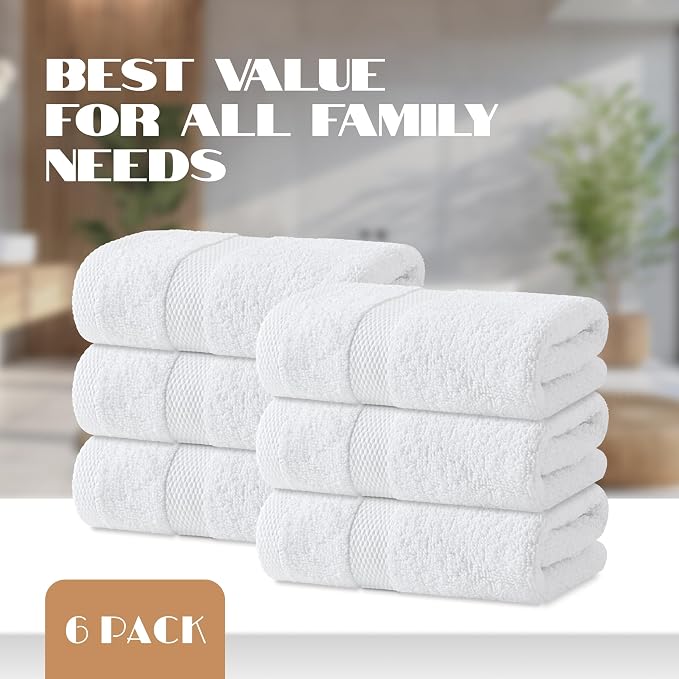 White Hand Towels Set for Bathroom, 6 Pack - Cotton Hand Towel Set for Gym, Kitchen and Spa, 16x27 Inches Soft Highly Absorbent Quick Dry Terry Salon Towels