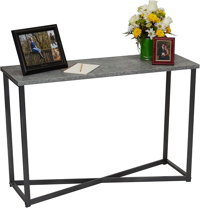 Household Essentials Slate Concrete Top Console Table with Black Iron Base