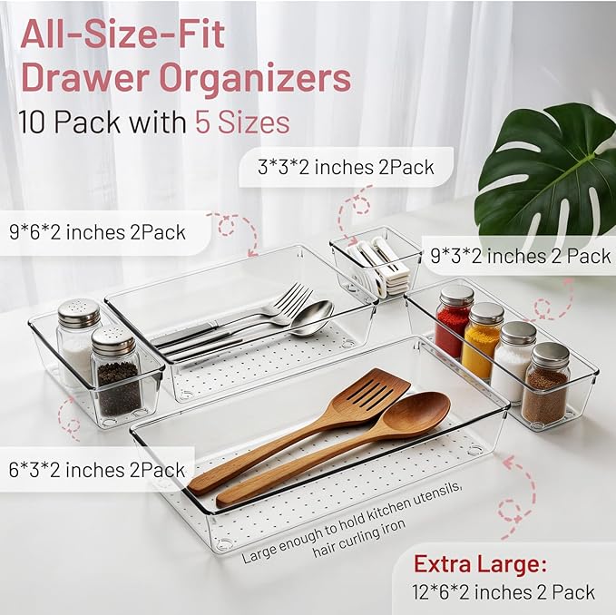 Drawer Organizer, 10 Pack Large Clear Plastic Organizer Bins 5 Sizes, Versatile Bathroom Drawer Trays, Heavy Duty Non‑Slip Drawer Dividers for Makeup, Office & Kitchen Utensils