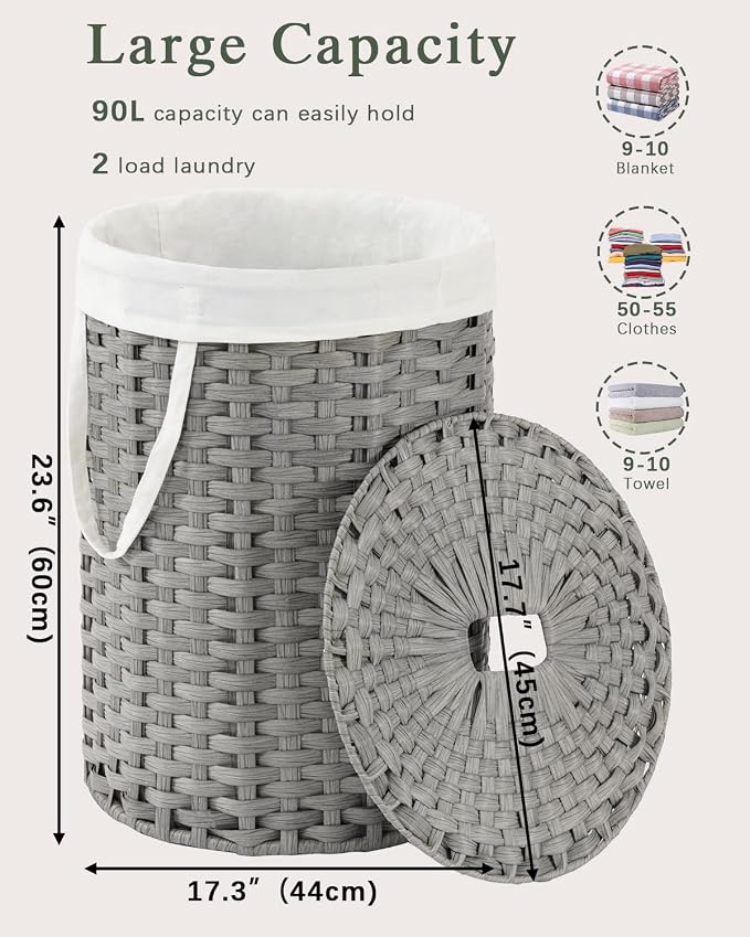 SETVSON Laundry Basket with Lid 23.8 Gal Round Laundry Hamper Grey | The lid hides dirty clothes, keeping spaces neat and fresh. 90 L Large Capacity, Stylish Design with Handles Easy Transport