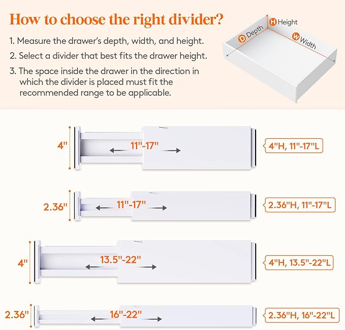 Lifewit 4 Pack Upgrade Drawer Dividers for Clothes, 4" High 11"-17" Adjustable Dresser Drawer Organizers, Expandable White Plastic Drawer Separators for Kitchen, Nursery, Office Organization & Storage