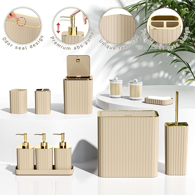 Bathroom Accessory Set - Bathroom Set, 27PC Bathroom Accessories Set, Beige Bathroom Sets with Shower Curtain and Rugs, Mini Trash Can, Toilet Brush, Trash Can & Soap Dispenser