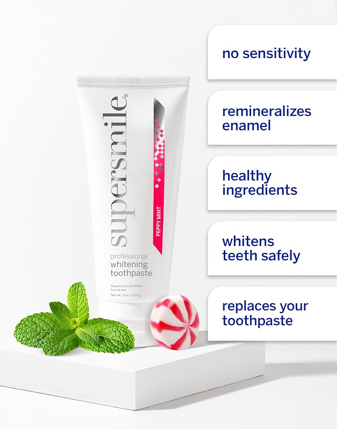 Supersmile Peppy Mint Whitening Toothpaste, Fluoride-Free, 8 Oz | Calprox® Powered, Whitens 5.5 Shades in 7 Days, Candy Cane Flavor Without the Sugar, Veneer Safe, SLS-Free