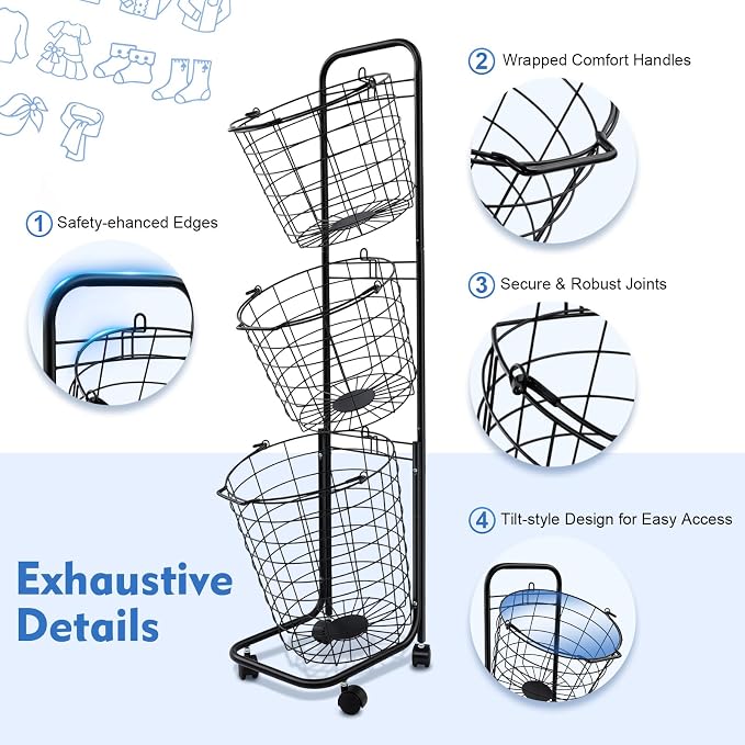 Laundry Basket with Wheels, 3 Tier Rolling Laundry Hamper Cart, Removable Metal Storage Shelf Basket, Portable Clothe Organizer Cart for Laundry Room, Balcony, Toilet, Kitchen