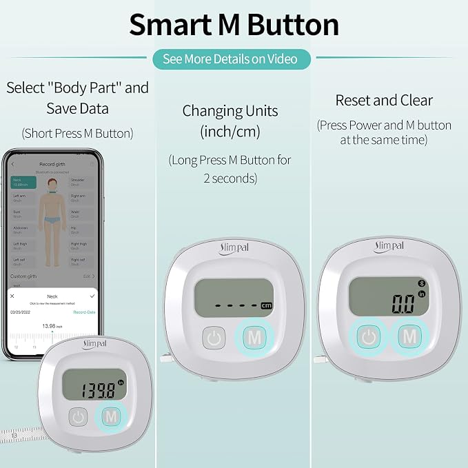 Slimpal Body Tape Measure with Case, Tool for Monitoring Body Fat, Measuring Tape for Body, Digital Smart Retractable Measuring Tape for Accurately Measuring BMI Fitness Body Shape and Weight-Loss