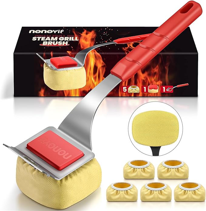Grill Brush Bristle Free with 5 Replaceable Pads, BBQ Grill Brush Replaceable Cleaning Head, Grill-Cleaner Brush for Cast Iron/Stainless Steel Grates, Gift for Men Dad-Red