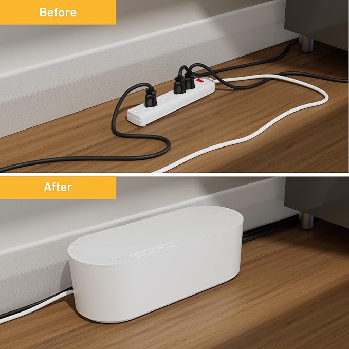 D-Line Cable Management Box with 6 AC Outlet 6ft Power Strip, Hide Extension Cords and Excess Wire Clutter, 16.5in (L) x 4.5in (H) x 5in (W) - Large, White