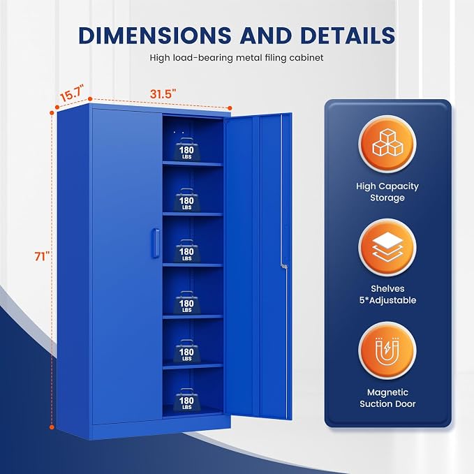 Metal Garage Storage Cabinet with 2 Doors and 5 Adjustable Shelves - 71" Steel Lockable File Cabinet,Locking Tool Cabinets for Office,Home,Garage,Gym,School (Blue)