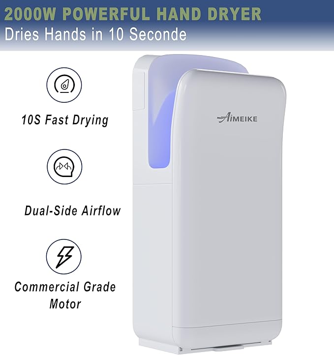 Commercial Hand Dryer, Vertical High-Speed Electric Hand Dryer for Bathrooms, Automatic Touchless Hands-in Hand Dryer for Large Public Restrooms, Offices, Hotels, Schools, White