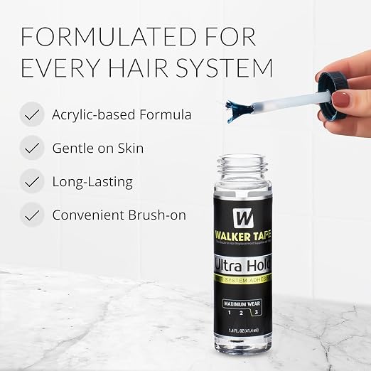 Walker Tape Ultra Hold Brush-On Adhesive, Waterproof Wig Glue for Lace Systems and Tape in Hair Extensions Human Hair, Strong Long Lasting Bonding Glue for Hairpiece and Wig Application, 1.4 oz