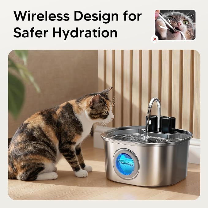 Voluas Stainless Steel Cat Water Fountain, Wireless, 108oz/3.2L, 4 Filter | Cordless Design, Ultra-Quiet Pump, Easy to Clean, BPA-Free