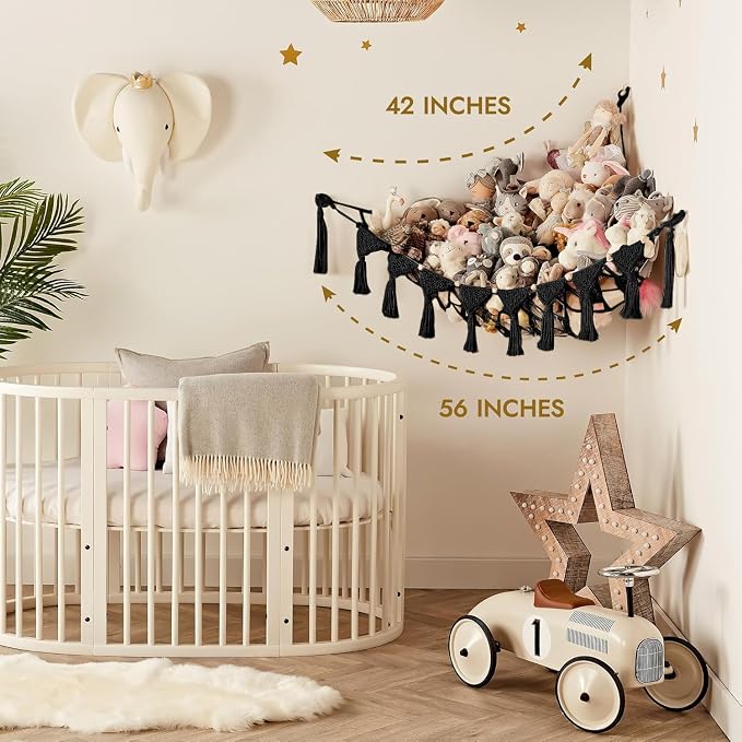 TIDYTEDS Macrame DreamLights Boho Stuffed Animal Storage Net Hammock Extra Large Plush Toy Storage Holder For Small Or Large Plushies BLACK