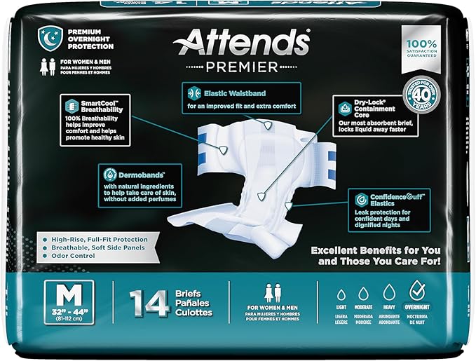 Attends Premier Adult Disposable SmartCool® Briefs, Medium, 32"-44" High-Rise Waist Tab Closure, Premium Overnight Dry-Lock Protection, Odor Control, 14ct Bag