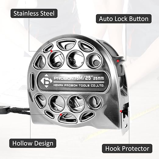 Tape Measure, 25'FT Foot/7.5M Stainless Steel Double Sided Scale Retractable Measuring Tape, Anti Fall Wear Resistant Metric Ruler, Hollow Design, Self Lock