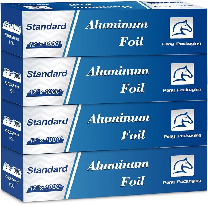 Aluminum Foil Standard 12 inch Wide, 1000 FT Food Safe Foil Wrap for Cooking, Baking, Grilling, Food Service Pony Packaging Aluminum Foil Roll (12"x1000', Standard-4 Count)