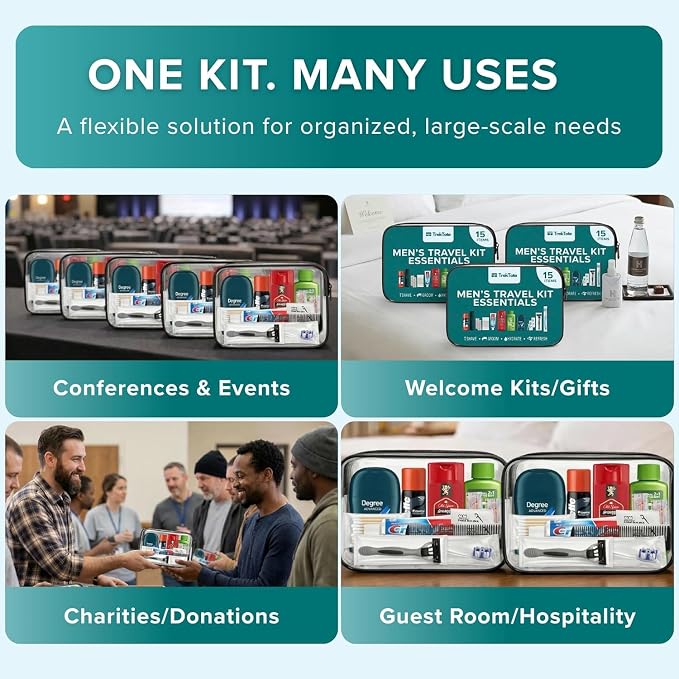 Bulk 50 Case Pack of Men's 15 Piece Set Hygiene Kits, Travel Size Toiletries, Deodorant, Shampoo, Body Wash, Shaving Cream, Razor, Toothbrush, Toothpaste, Comb, Flossers, Swabs