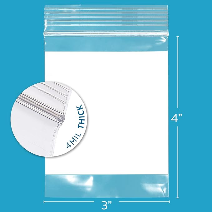 GPI - 3" x 4" - Bulk Case of 1000, 4 Mil Thick, Heavy Duty, Clear Plastic Reclosable Zip Bags, With Write-on White Block for Labeling, Strong & Durable Poly Baggies With Resealable Zipper Top Lock.