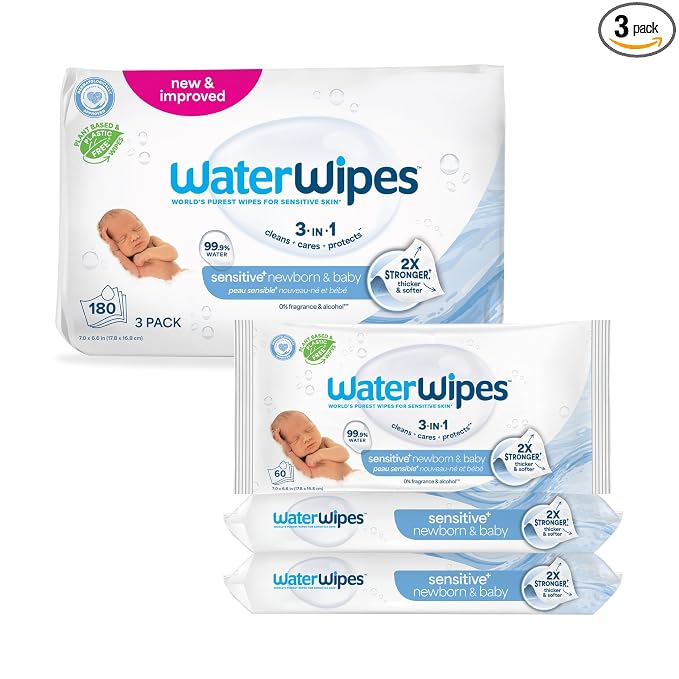 WaterWipes Sensitive+ Newborn & Baby Wipes, 3-In-1 Cleans, Cares, Protects, 99.9% Water, Unscented & Hypoallergenic, 180 Count (3 Packs)