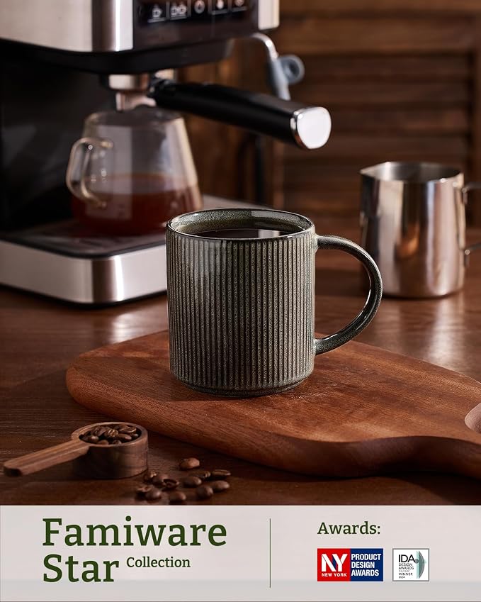 famiware Coffee Mug Set for 6, Star 16 oz Catering Mugs Cup Set with Handle for Coffee, Tea, Cocoa, Milk - Ceramic Stoneware Drinkware Set, Deep Forest