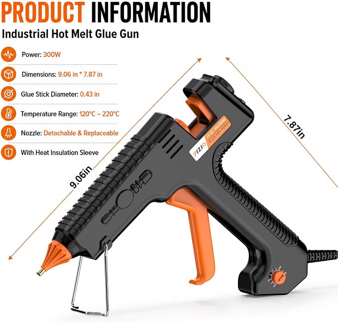 IZIO 300W Industrial Hot Glue Gun Kit with Adjustable Temperature 140°C-220°C, Heavy Duty Hot Melt Glue Gun with 9 Precision Nozzles & Glue Sticks for Woodworking, DIY Crafts, Repairs & Metal Bonding