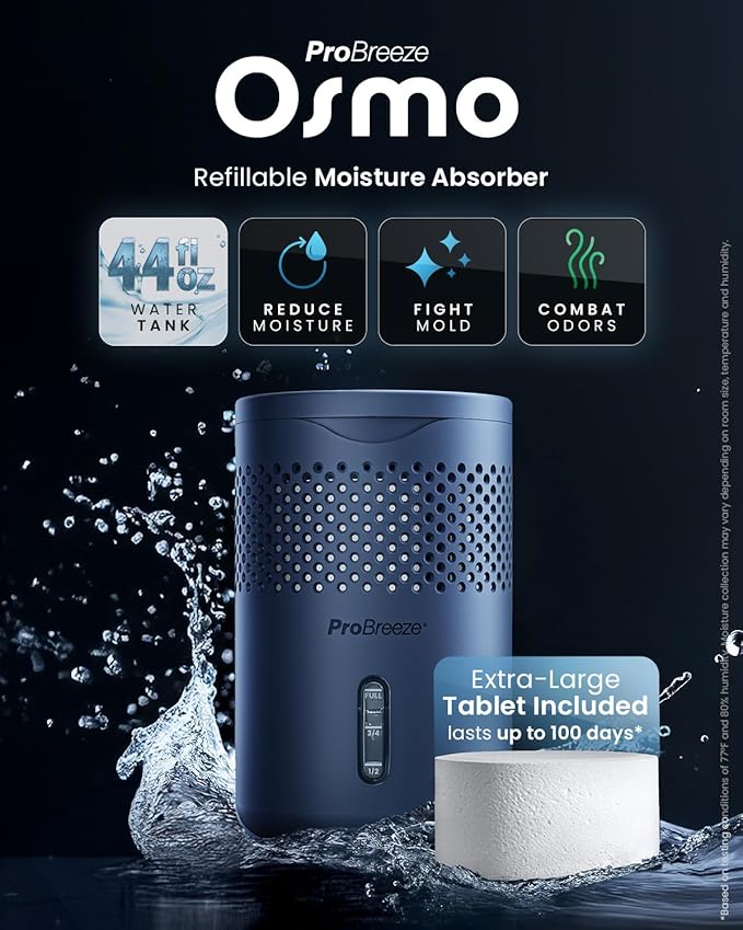 Pro Breeze Osmo® Dehumidifier, Silent & Refillable Moisture Absorber for Home, Bedroom, Wardrobe and Bathroom,1.54lb Refillable Tablet, Blue