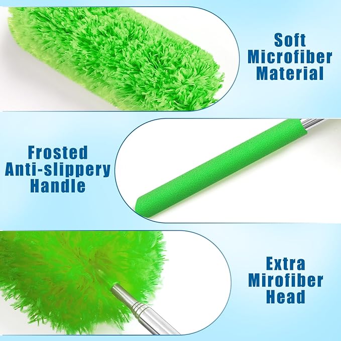 Tanlade 1 Pcs Microfiber Feather Duster for Cleaning 13-31 Inch Extendable Cobweb Dusters Ceiling Fan Duster Washable Bendable Tool for Office Car Window Furniture (Green)