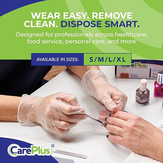 CARE PLUS Vinyl Gloves Clear Small Size 200 Count | Heavy Duty, Non-Sterile, Powder-Free, Latex-Free Rubber | Food Prep, Kitchen & Cleaning Gloves, Ideal for Professional Use