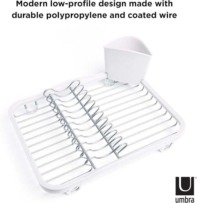 Umbra Sinkin Dish Drying Rack, in Sink or Countertop Drainer, White/Nickel | Removable utensil holder, non slip rubber feet, fits standard sizes, coated wire and plastic