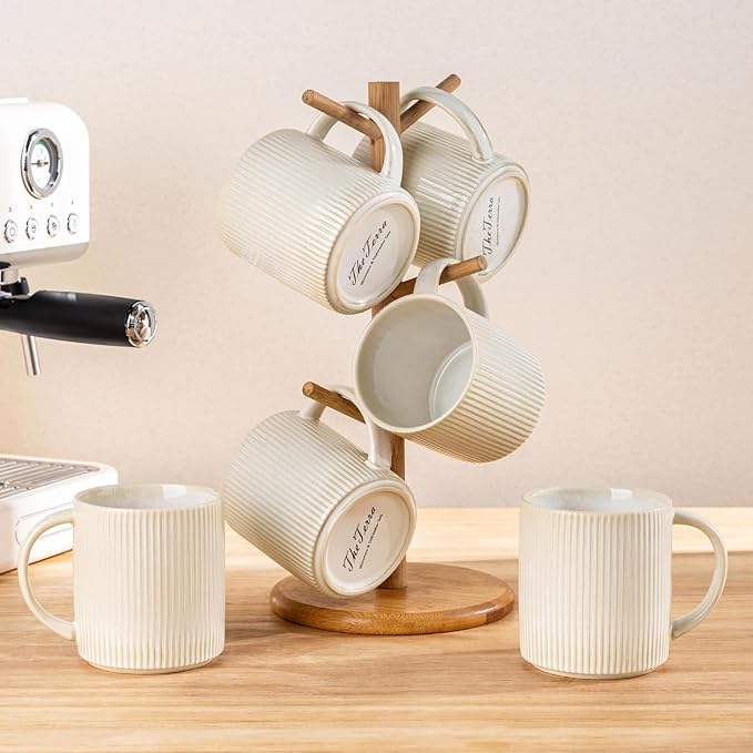 theterra Ceramic Coffee Mugs Set of 6, 14.2oz Handmade Coffee Cups with Handle for Latte, Tea, Milk, Beer, Hot Cocoa, Reactive White