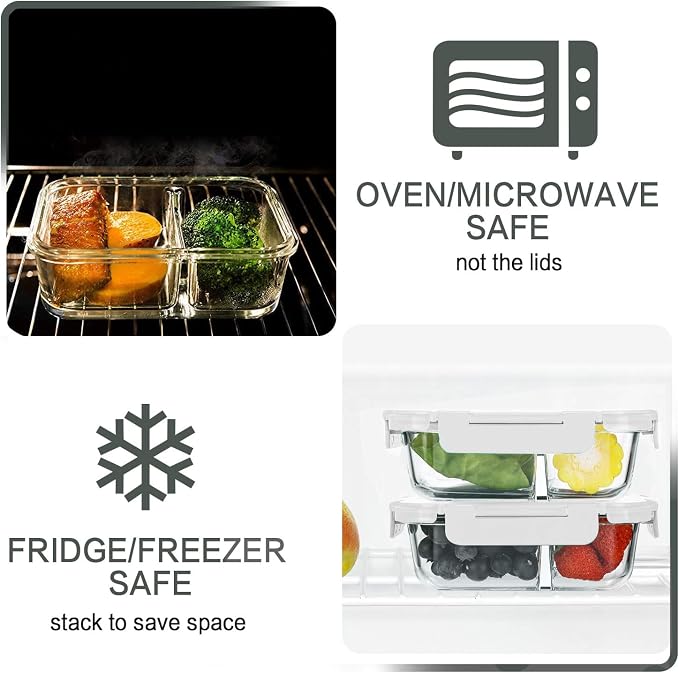 M MCIRCO [10-Pack,30 Oz Glass Meal Prep Containers 2 Compartments Airtight Lunch Bento Boxes with Lids, Glass Food Storage Containers, Microwave, Oven, Freezer and Dishwasher, White