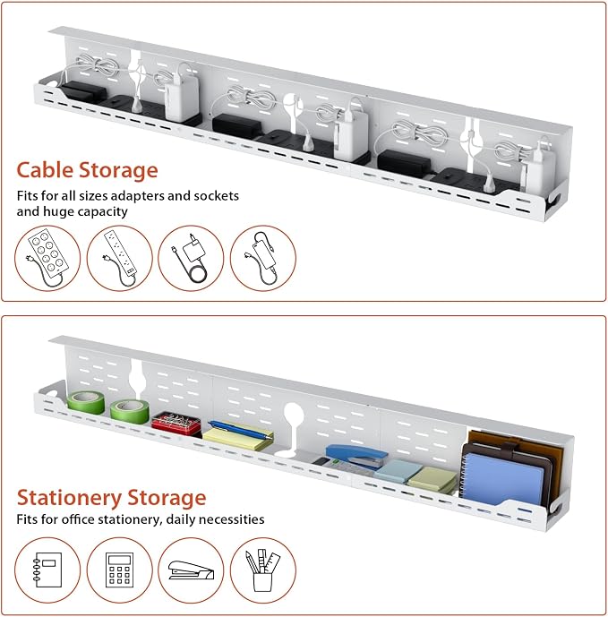 Univivi Under Desk Cable Management Tray - 48" Steel Cord Organizer, No-Drill C-Clamp & Screw Mount for Office/Home, Effortless Wire Management (White)