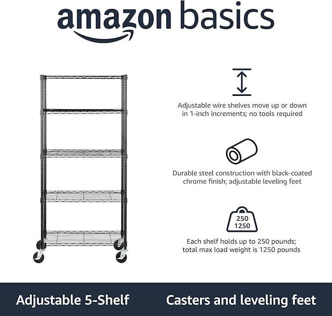 Amazon Basics 5-Shelf Heavy Duty Garage Shelving Storage Rack with 4" Wheel Casters, Adjustable Metal Wire Organizer, 300 lbs Per Shelf, 30" x 14" x 64.75", Black