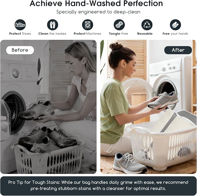Dual Compartment Shoe Washing Machine Bag for Sneakers, Beige/Gray, 2-Pack | Clasp-Lock Zipper, Reinforced Seams and Bound Edges, Longer & Denser Chenille Strips for 360° Deep Cleaning