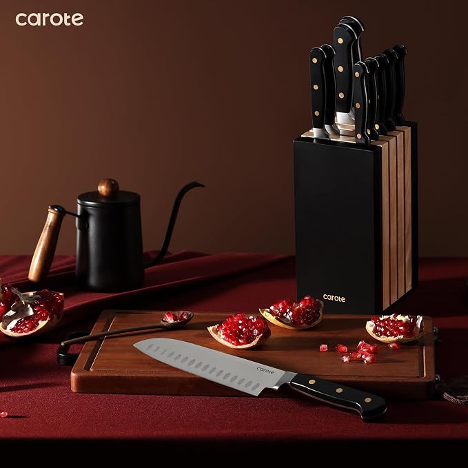 CAROTE 11 Pieces Knife Set with Block for kitchen, Stainless Steel Razor-Sharp Blade, Triple Riveted Ergonomic Handle, Wooden Magnetic Block, Essential Knife Block Set, Black