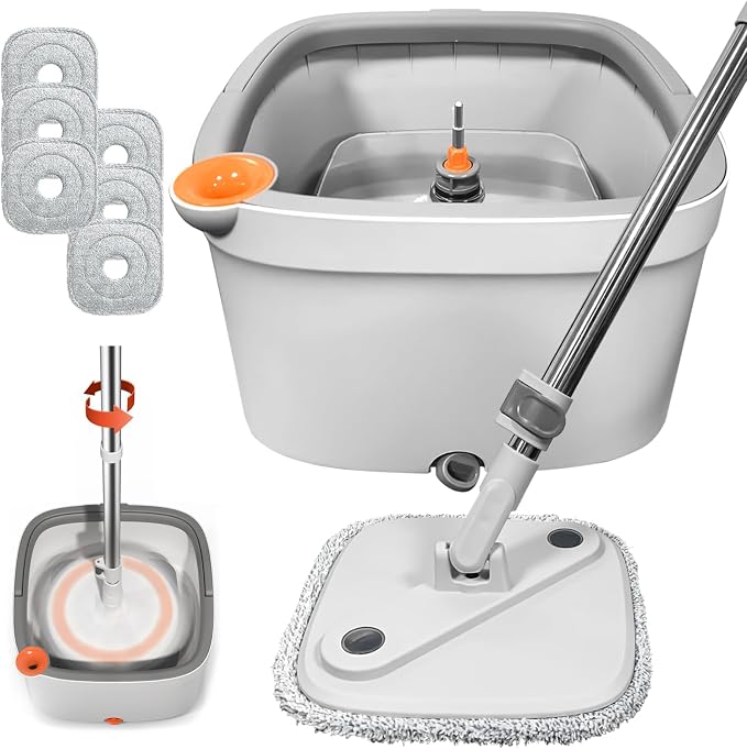 Spin Mop and Bucket Set with Self Separation Dirty and Clean Water System Self Wringing 360° Rotating Clean Mop-Head for Hardwood Tile Marble Floors (Mop Set with 6 Pads)-Grey