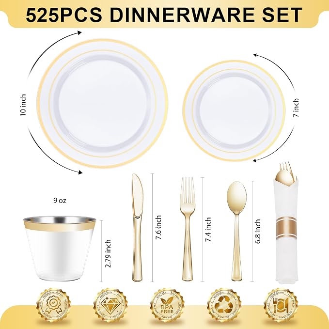 BESTVIP 525PCS Gold Plastic Dinnerware Set for 75 Guests, Disposable Plates for Party, Include: 150 Plastic Plates, 75 Pre Rolled Napkins with Gold Silverware, 75 Cups for Christmas, Halloween