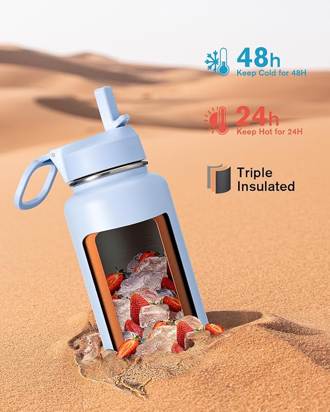 Water Bottle 40 oz Insulated with Straw&Brush, Coolflask Vaccum Stainless Steel Metal 3 Lids Water Flask for Sports, Gym or Office, Keep Cold 48H Hot 24H, Light Blue