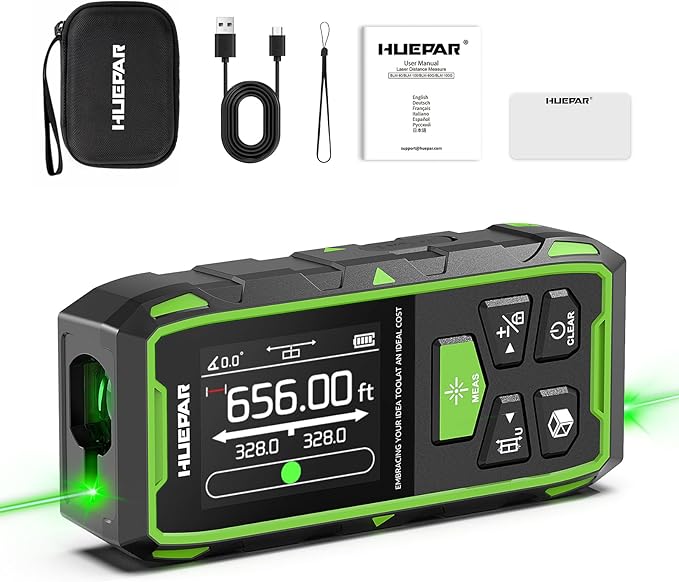 Huepar Dual Laser Measuring Tool, 656Ft Green-Beam Bilateral Digital Laser Distance Measure 6 Units Ft/in/M, Rechargeable Laser Measurement Tool -Backlit LCD Display, Length/Area/Volume/Angle Sensor