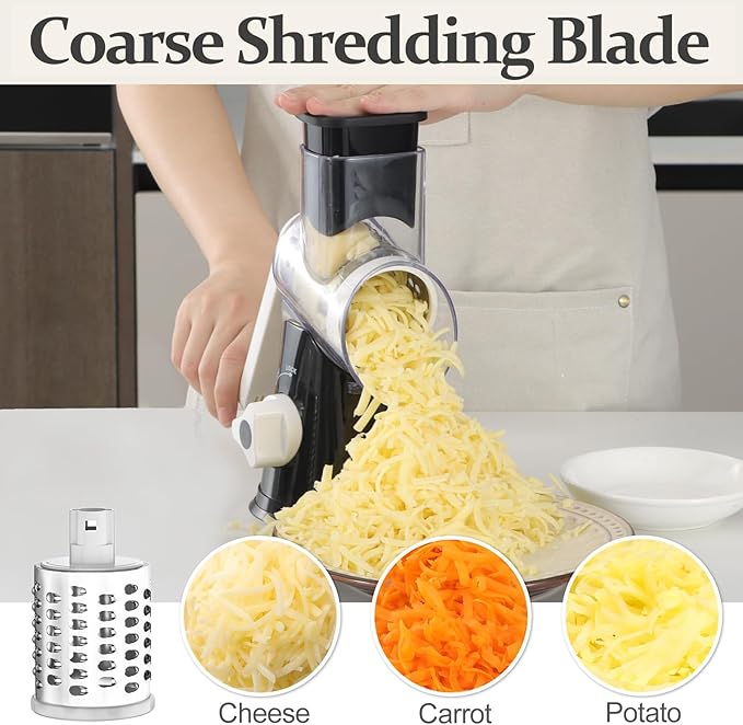 Cambom Rotary Cheese Grater Hand Crank Cheese Shredder for Fresh Cheese, Vegetable, Nuts,Non-slip Suction Base, Five Blades, Black