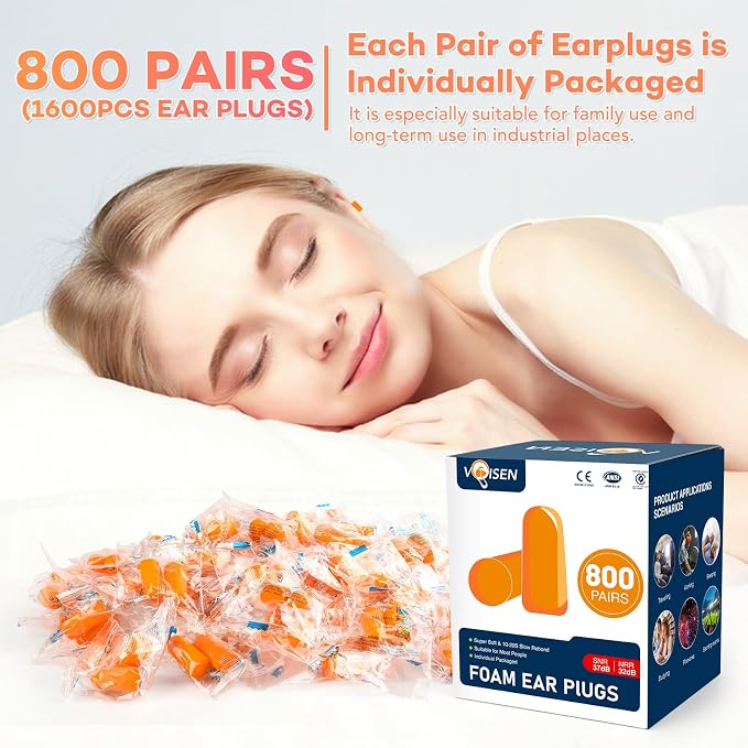 VOISEN Ear Plugs, 800 Pairs EarPlug for Sleeping,32dB NRR 37dB SNR Ear Plugs Noise Cancelling for Snoring, Studying, Loud Events, Traveling & Concerts, Individual Package