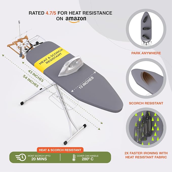 Ironing Board 43" x 13" Foldable with Wall Hanger, Full Size | Heavy Duty, Height adjustable, full-metal frame, heat-resistant cover, iron rest, anti-slip feet