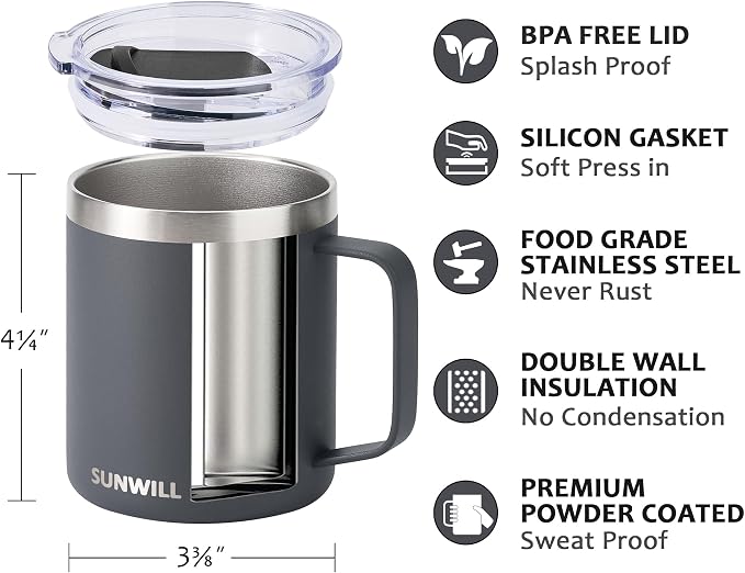 SUNWILL Travel Coffee Mug with Lid, Insulated Tumbler with Handle, 14 oz Stainless Steel Cup for Home, Office, Camping, Powder Coated Charcoal