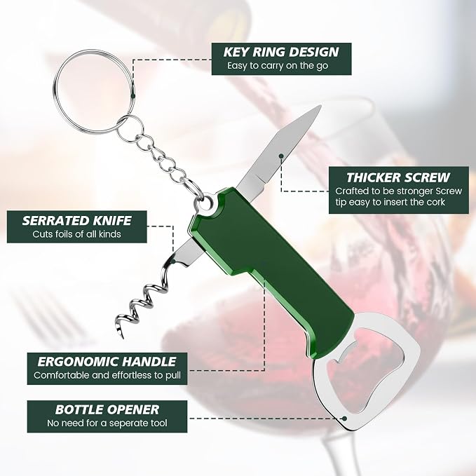 Ziliny 24 Pcs Bottle Opener Keychain Bulk Wine Bottle Beer Opener Keychain 3.27" Stainless Steel Corkscrew Waiter Corkscrew Wine Keyring Gifts for Christmas Bar Party Wedding Home (Green)