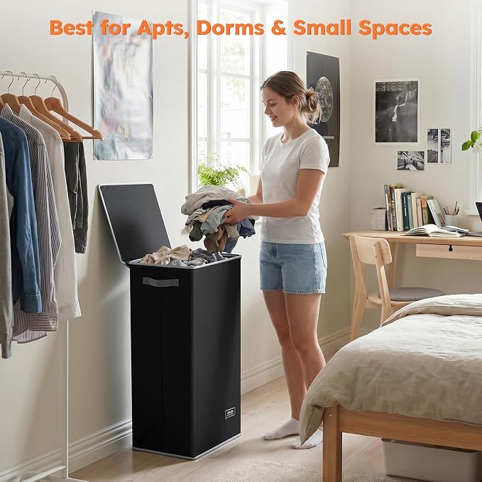 SOLEDI Laundry Hamper Black with Lid and Removable Bag - 100L Large and Tall Laundry Basket Collapsible with Handle for Clothing and Toys Storage - Dirty Clothes Hamper for Bedroom, bathroom, dorm