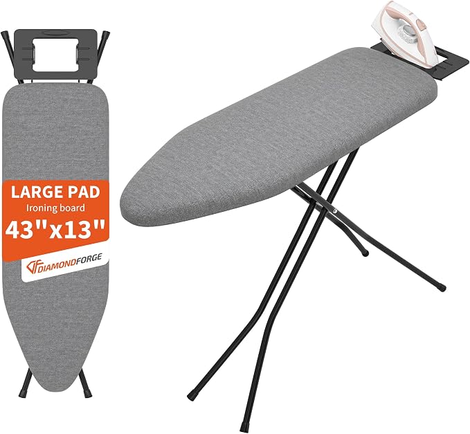 Ironing Board, 43"×13" with Iron Rest, Sturdy & 7 Adjustable Height | Iron Board with 3 Layer Heat Resistant Cover and Pad for Home Apartment Dorm Laundry Room, Gray